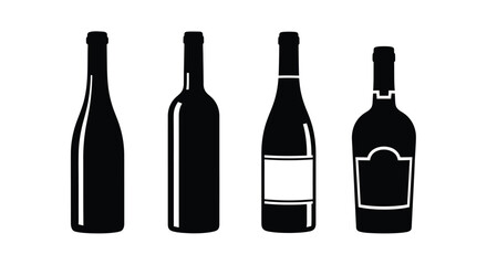 Four silhouette wine bottles various shapes and labels on for beverage design vector