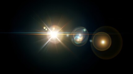Sun and solar lens flare sparkles-sunlight rays and glittering glare overlay the black space background, creating a shining star-like light effect