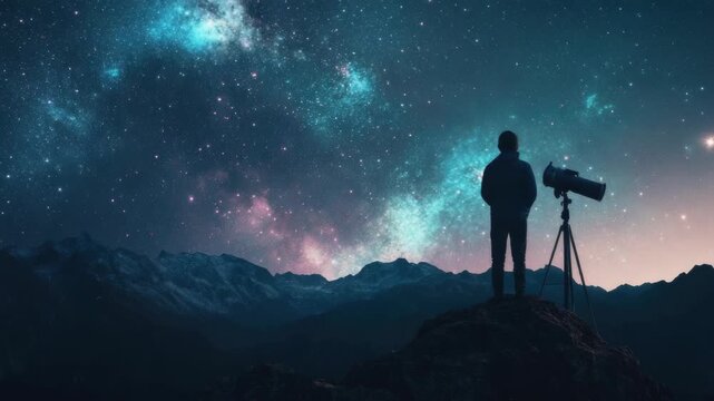 Person stargazing through telescope on mountain under starry night sky