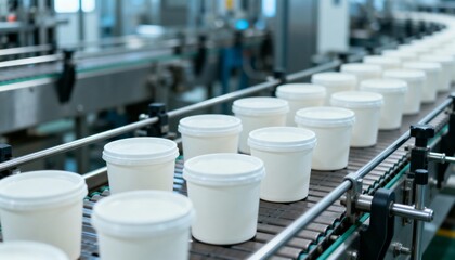 Obraz premium White Plastic Containers Moving Along Conveyor Belt in a Food Production Facility