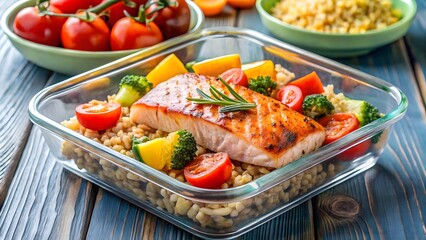 Healthy and delicious salmon grain bowl with fresh vegetables and herbs