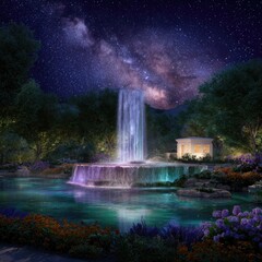Enchanted Waterfall Night Scene with Milky Way.