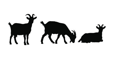 Three silhouette goats grazing standing and resting farm animals isolated on white vector
