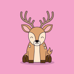 Cute deer sitting in the ground cartoon vector icon illustration people holiday icon isolated flat