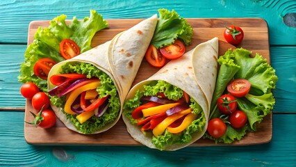 Healthy vegetable wraps with colorful bell peppers and fresh lettuce on wooden board