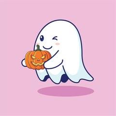 Cute Happy Ghost holding Carved Pumpkin Cartoon Vector Illustration