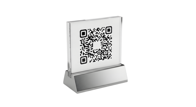 Clear Acrylic QR Code Display Stand with Metal Base for Business and Technology Environments - Powered by Adobe