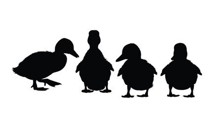 Four adorable duckling silhouettes standing together in a row showing different poses vector