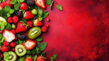 A vibrant assortment of fresh berries and kiwi rests on a textured red background, perfect for health-focused articles, food blogs, or lifestyle magazines promoting nutrition and freshness,