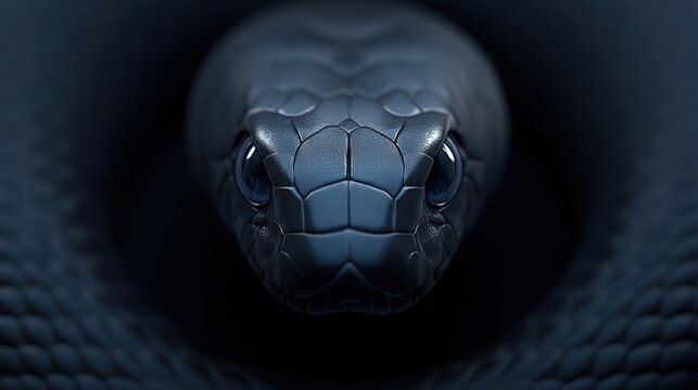 A close-up of a striking snake's head featuring intricate scales and reflective eyes on a dark background, perfect for nature-related articles, wildlife documentaries, or educational materials,