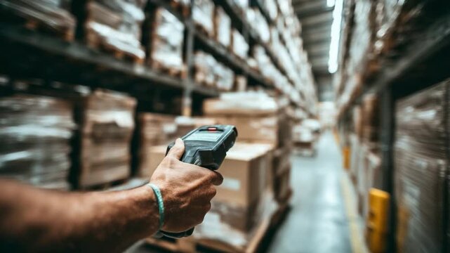 Warehouse Operations: A hand holding a handheld scanner, meticulously scanning inventory amidst towering rows of stocked shelves in a large warehouse, showcasing efficiency in modern logistics.