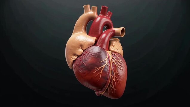 Cinematic close-up of a highly detailed and anatomically correct human heart model, a realistic 3D medical illustration