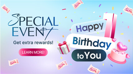 Happy Birthday to You banner vector with number one, gift box, cake, sale coupons, confetti, isolated on background. 3d celebration banner template in vector illustration. Vector illustration