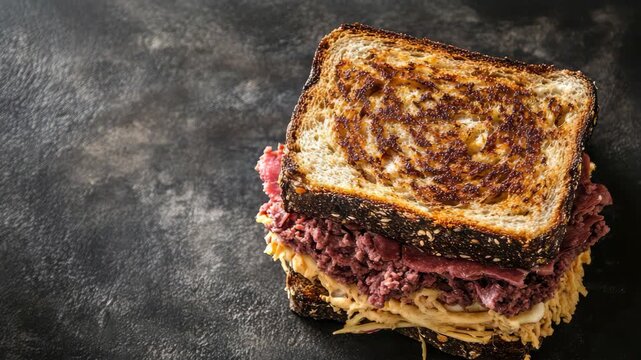 Hearty sandwich with corned beef, sauerkraut, and rye bread on dark background