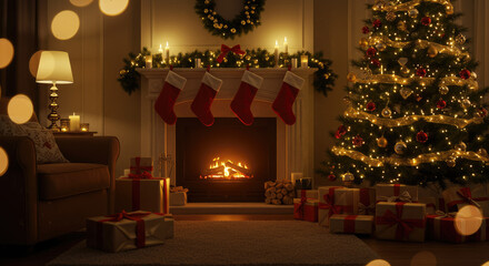Cozy Christmas Eve With Fireplace And Decorated Tree.