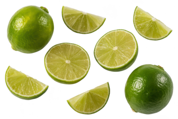A vibrant collection of limes, including whole limes, lime halves, and lime wedges isolated on transparent background, ideal for cocktails and cuisine