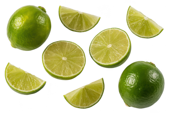 A vibrant collection of limes, including whole limes, lime halves, and lime wedges isolated on transparent background, ideal for cocktails and cuisine