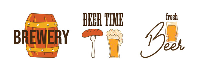 Oktoberfest sticker set. Stickers with beer signs and beer inscriptions. Golden drink. Traditional beer festival. Beer holiday. Vector illustration.