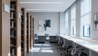 Fototapeta premium Library Interior with Bookshelves and Study Area, Offering a Quiet and Bright Workspace Environment