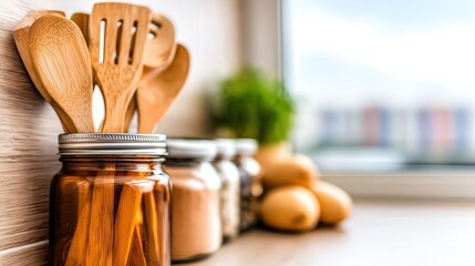 A cozy kitchen scene featuring wooden utensils in a jar, fresh eggs, and jars of ingredients, ideal for culinary blogs, recipes, or home cooking promotions