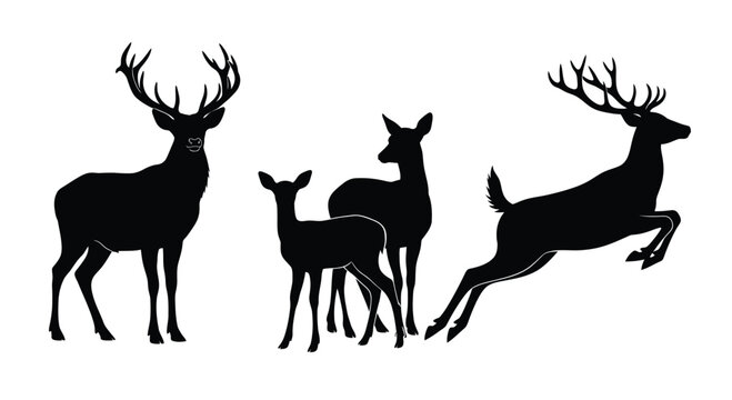 Majestic deer silhouette collection diverse poses forest wildlife nature animals vector