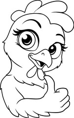 Cute cartoon chicken giving a thumbs up. Bold line art illustration, ideal for coloring pages, food mascots, or retro farm branding.