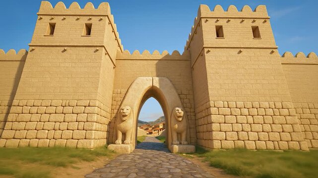 View of Lions Gate of Hattusa - the capital of the Hittite Empire in the late Bronze Age. AI generative visualization

