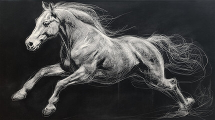 powerful white chalk sketch of a galloping horse
