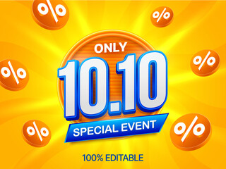 10.10 sale banner template with October 10 number, discount percentage icon flying around, isolated on yellow background. Flash sale discount event banner in 3d vector. Vector illustration
