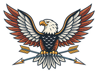 Fototapeta premium Classic Tattoo Flash Design of a Bald Eagle with Spread Wings Holding Crossed Arrows Featuring Red Orange White and Dark Blue Color Palette isolated on a transparent background