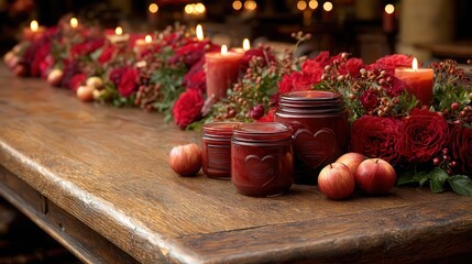 A beautifully arranged table featuring red candles, decorative roses, and apple-themed jars creates a warm, inviting atmosphere perfect for seasonal gatherings or events