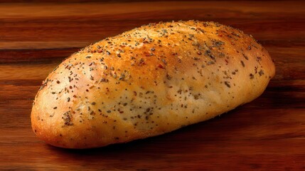 Freshly baked bread loaf with a golden crust and sprinkled herbs, set against a wooden background, Perfect for food blogs, cookbooks, or bakery promotions,