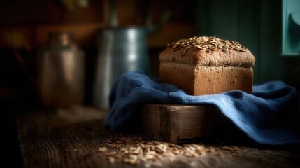 A freshly baked loaf of bread topped with seeds rests on a wooden surface, draped in a blue cloth, This cozy image is perfect for food blogs, cookbooks, or promoting artisanal baking products,