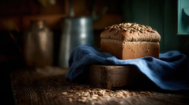 A freshly baked loaf of bread topped with seeds rests on a wooden surface, draped in a blue cloth, This cozy image is perfect for food blogs, cookbooks, or promoting artisanal baking products,