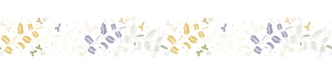 Seamless repeatable floral border pattern swatch. Perfect for stationery, scrapbooking, wallpaper, home decor projects. Flowers and leaves of clover and mouse peas