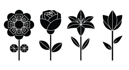 Collection of four stylized black flower silhouettes on for design vector