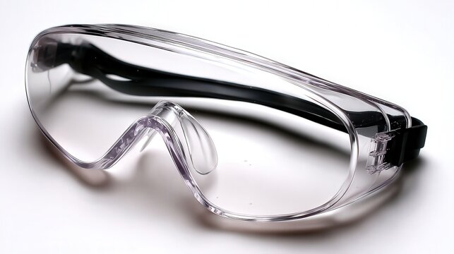 Clear safety glasses designed for protection in various environments, suitable for workshops, laboratories, or construction sites, Ideal for stock photos related to safety equipment and eyewear,