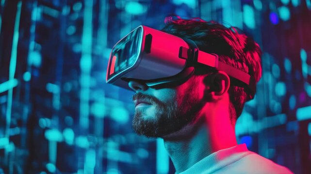 Bearded man wearing VR headset in futuristic neon setting