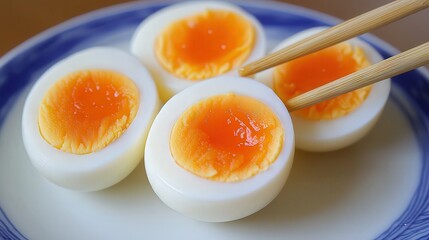 A close-up shot of beautifully cooked eggs with vibrant orange yolks on a plate, perfect for food blogs, cooking articles, or culinary presentations highlighting egg recipes or gourmet dishes,