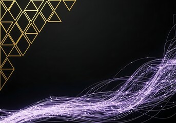 Abstract golden geometric design and flowing purple lines on a stylish black background