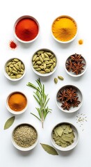 Assortment of vibrant spices and herbs: paprika, turmeric, cardamom, star anise, rosemary, and bay leaves in white bowls, top view on white background.