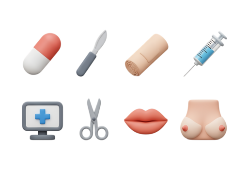 3d icon set of medical and healthcare icons, including pill, syringe, and surgical tools, isolated on a transparent background