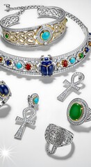 Luxury Jewelry Set with Silver and Gold, Diamonds, Lapis Lazuli, Turquoise, Emerald, Ruby Gemstones, Celtic Knot Choker, Scarab Necklace, Ankh Pendants, and Aztec Ring.