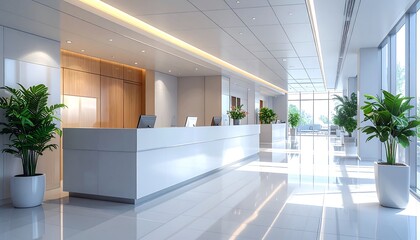 Fototapeta premium A bright and spacious modern lobby with a clean white reception desk and potted plants, showcasing a light and airy atmosphere.