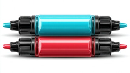 Colorful markers in vibrant blue and red are stacked vertically against a clean white background, ideal for creative projects, educational materials, or art supplies marketing,