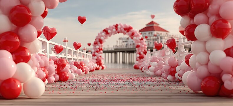 A pink and red balloon arch with heart decorations near a pier. Great for weddings, valentines, or romantic events, fitting for event planning, greeting cards, and love - themed content.
