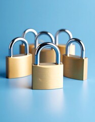 Fototapeta premium Group of brass padlocks on a light blue surface