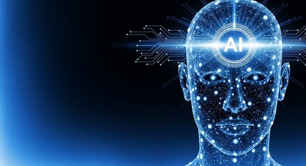 Futuristic AI human head with glowing network connections symbolizing innovation