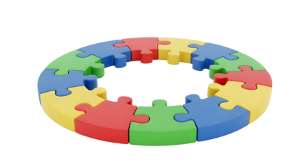 Colorful Circular Puzzle Pieces on White Background for Teamwork and Problem Solving