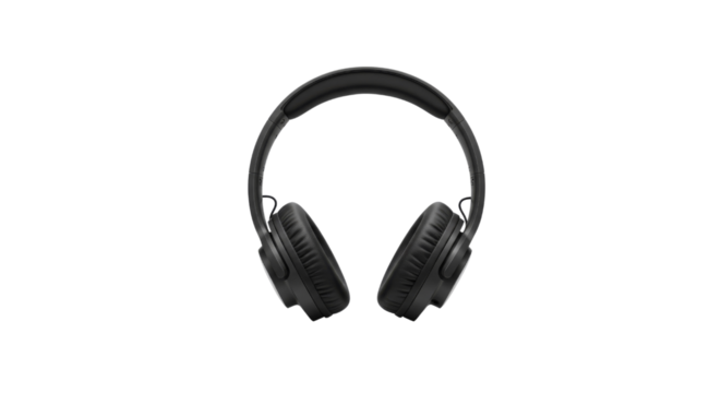 Black wireless headphones on isolated, transparent background, no background  
